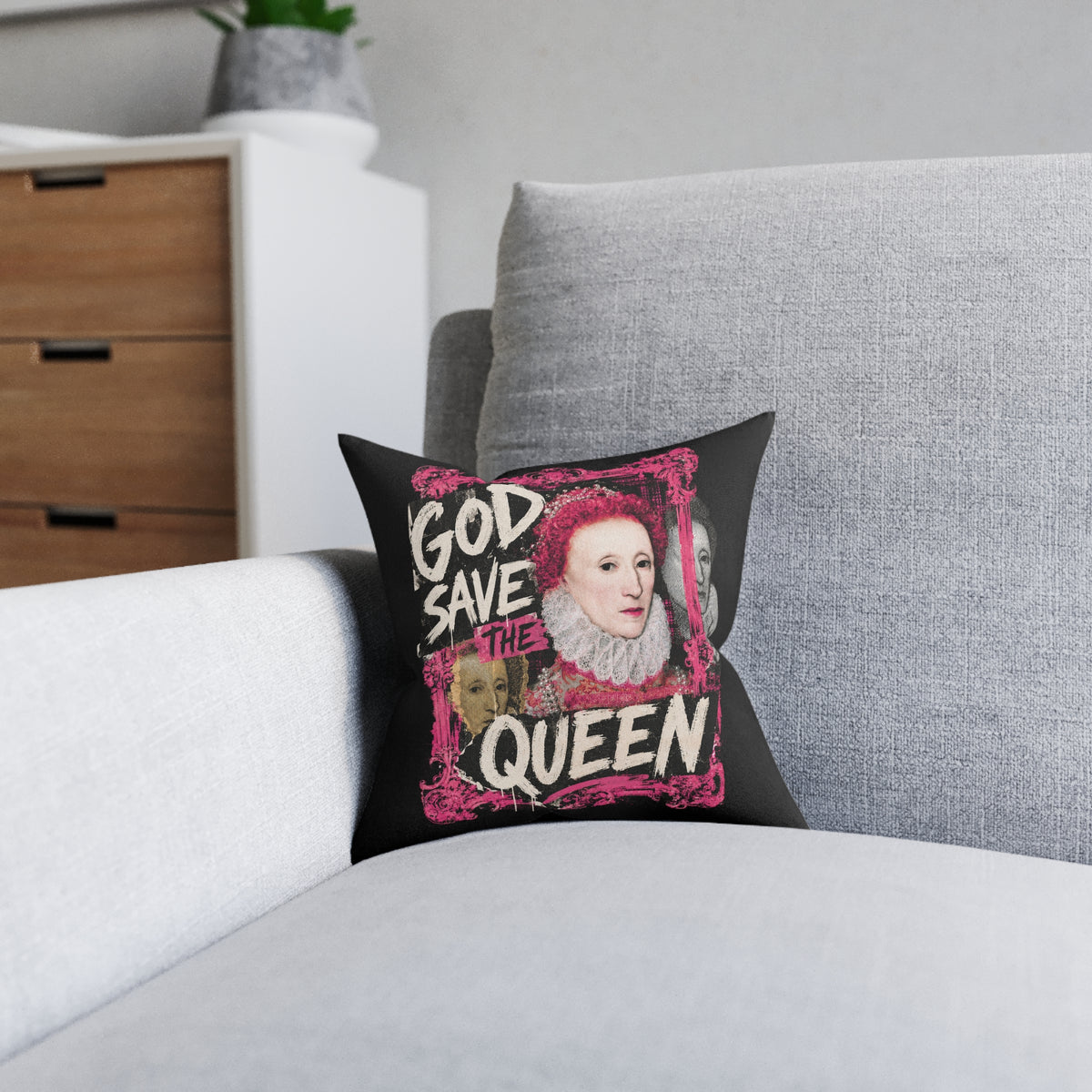 God Save The Queen Decorative Pillow — Punk Royalty Throw Pillow (Pink Back)