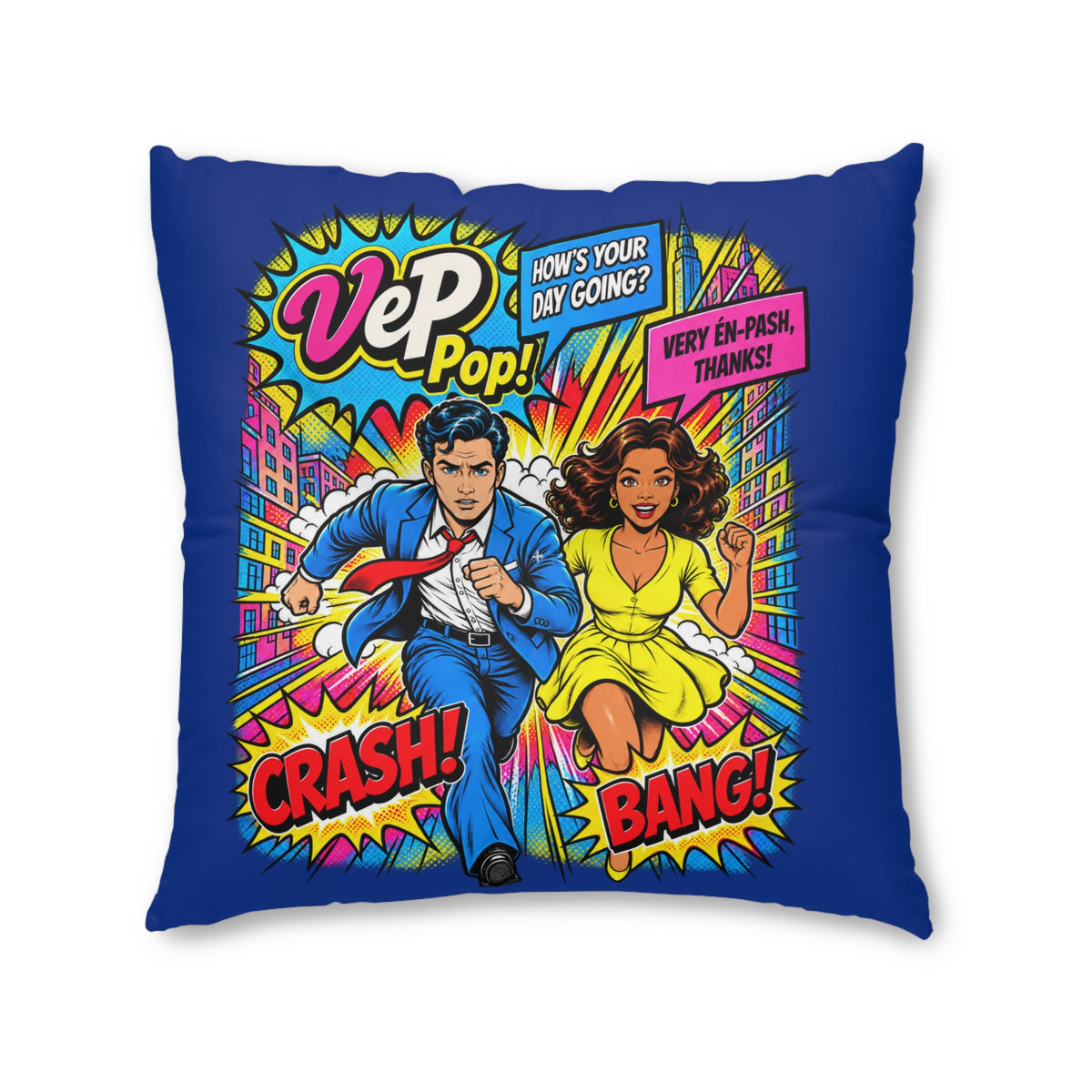 Pop Art Tufted Floor Pillow — Retro Comic 'Crash! Bang!' Design