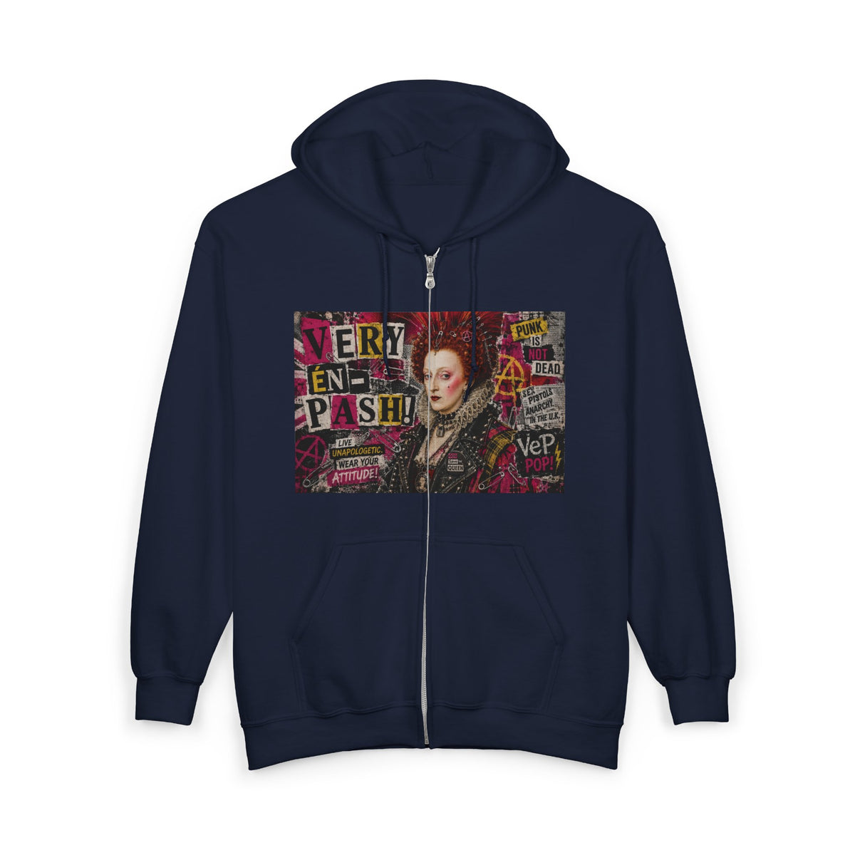 Zip Hoodie — Punk Elizabethan Collage Graphic "Very En Pash"
