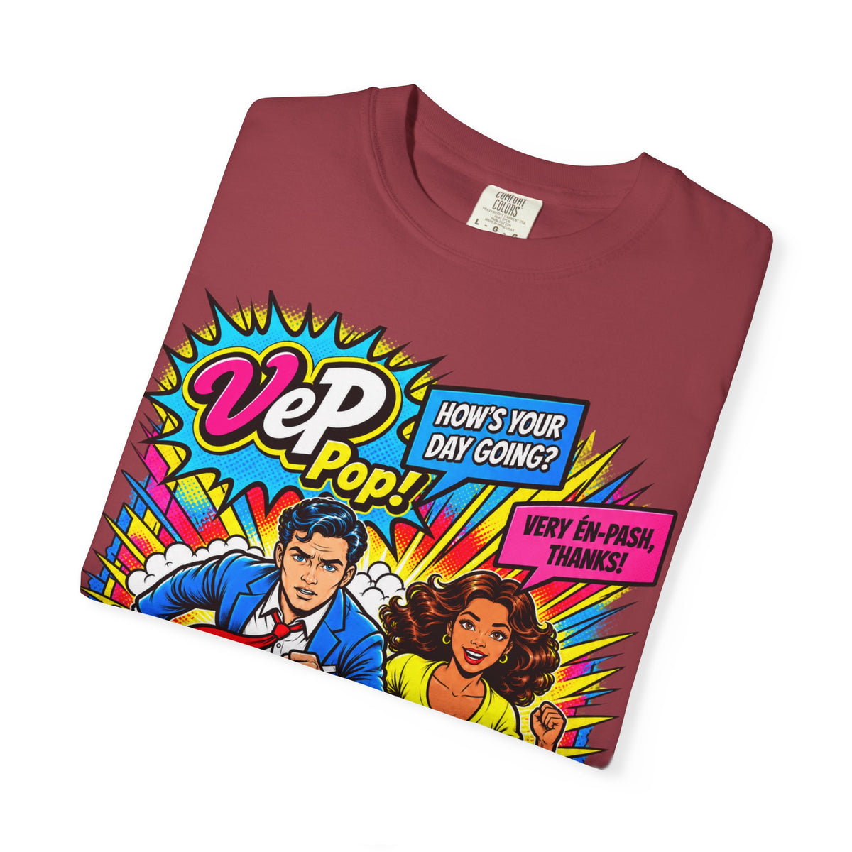 Pop Art Couple Graphic T-Shirt — 'VeP Pop! How's Your Day Going? Crash! Bang!'