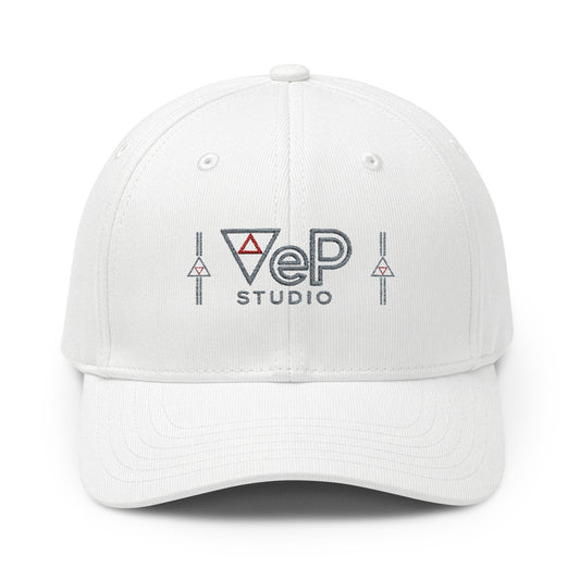 Embroidered VeP Studio Logo Baseball Cap — White Adjustable CLIMACOOL Hat