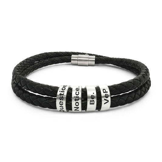 Engraved Leather Beaded Bracelet — Inspirational Message Bracelet for Men & Women