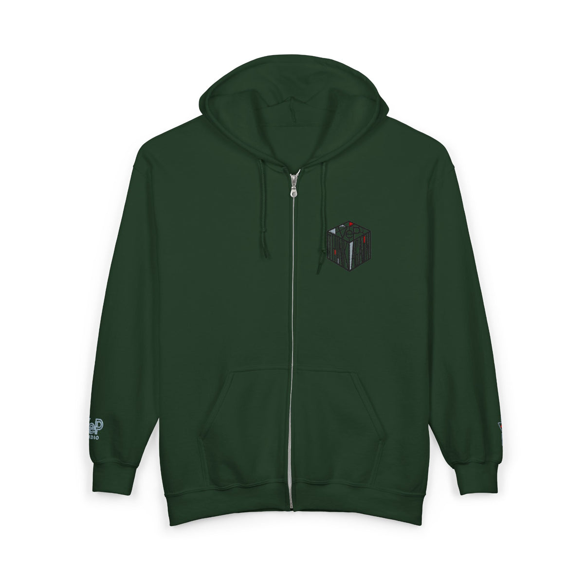 Zip Hoodie with Black Cube Graphic – Minimal Geometric Streetwear