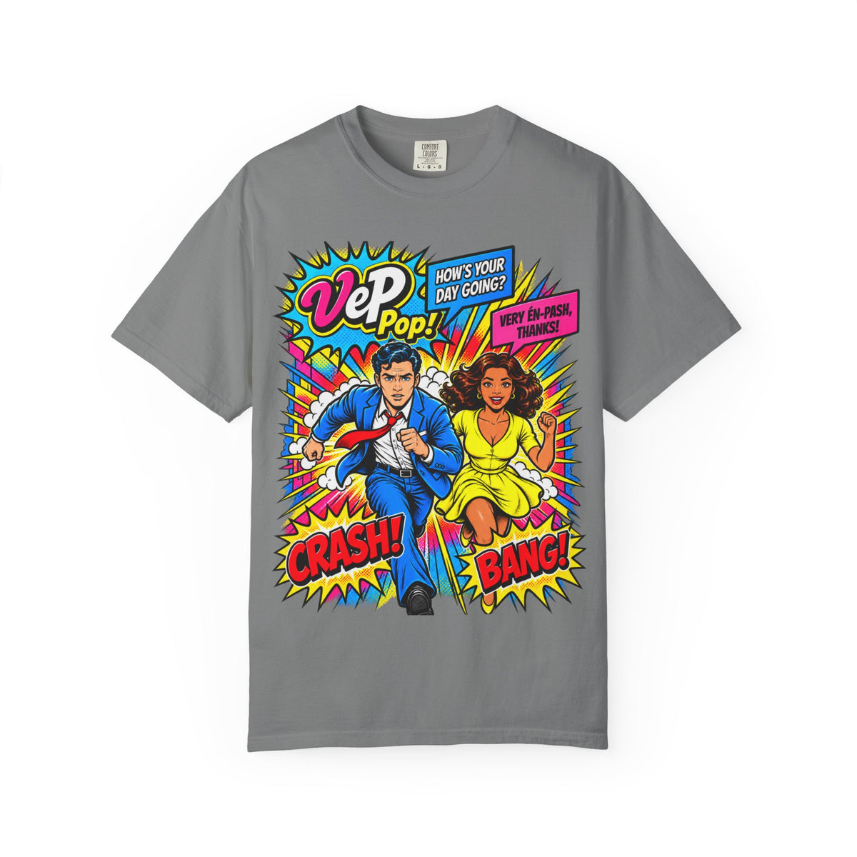 Pop Art Couple Graphic T-Shirt — 'VeP Pop! How's Your Day Going? Crash! Bang!'
