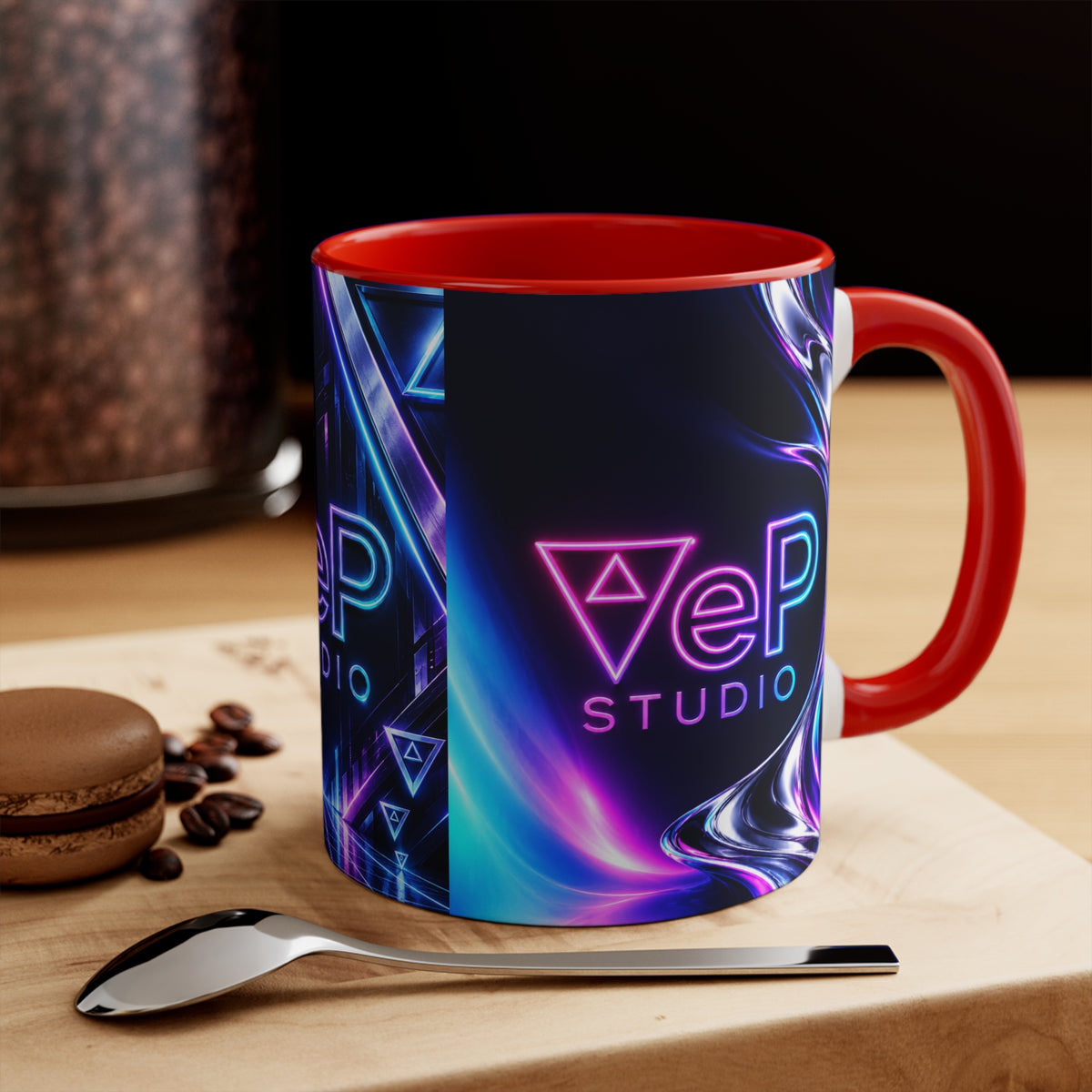 Neon Retro Studio Accent Mug — 11oz Colorful Logo Coffee Cup