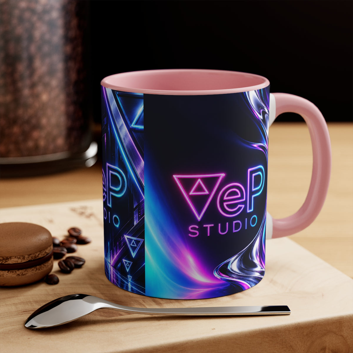 Neon Retro Studio Accent Mug — 11oz Colorful Logo Coffee Cup