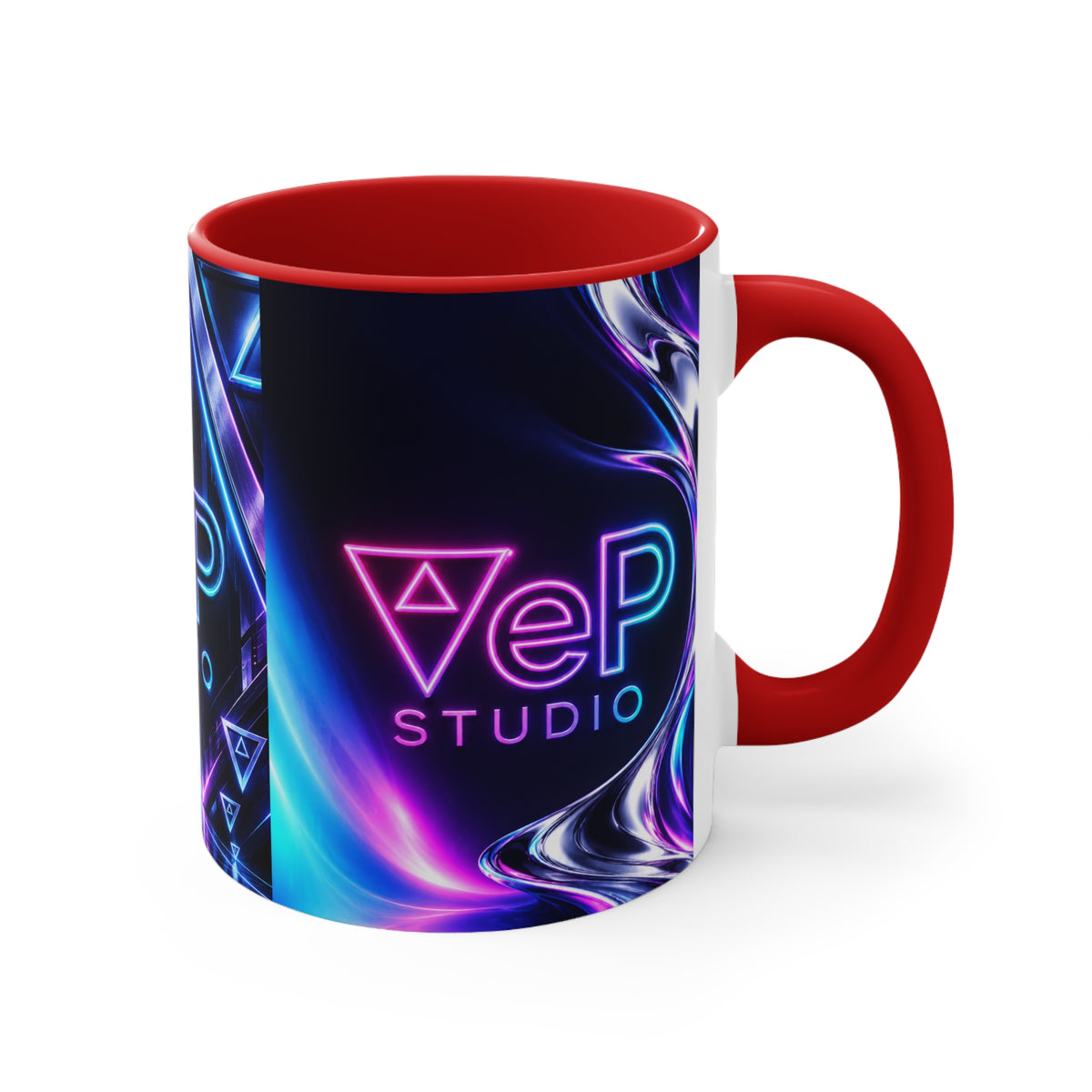 Neon Retro Studio Accent Mug — 11oz Colorful Logo Coffee Cup