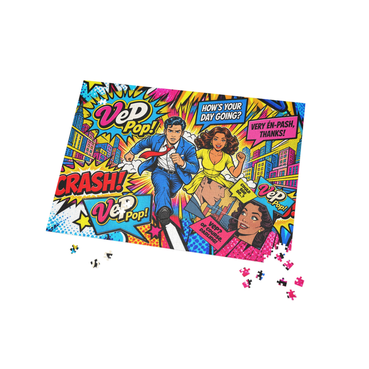 Pop Art Comic Puzzle — Colorful Retro 500/1000-Piece Jigsaw with Speech Bubbles (Crash!, Vep Pop!)