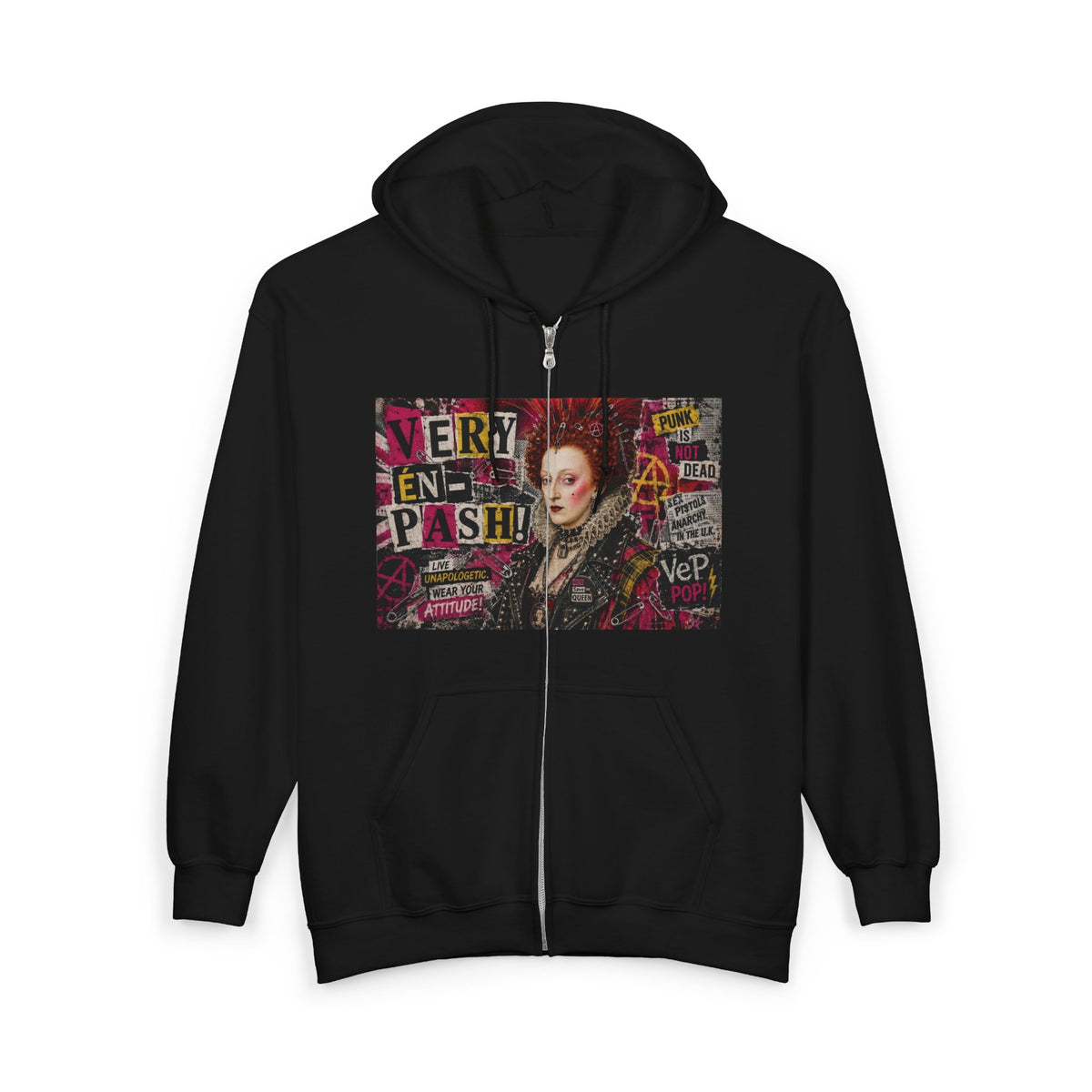 Zip Hoodie — Punk Elizabethan Collage Graphic "Very En Pash"