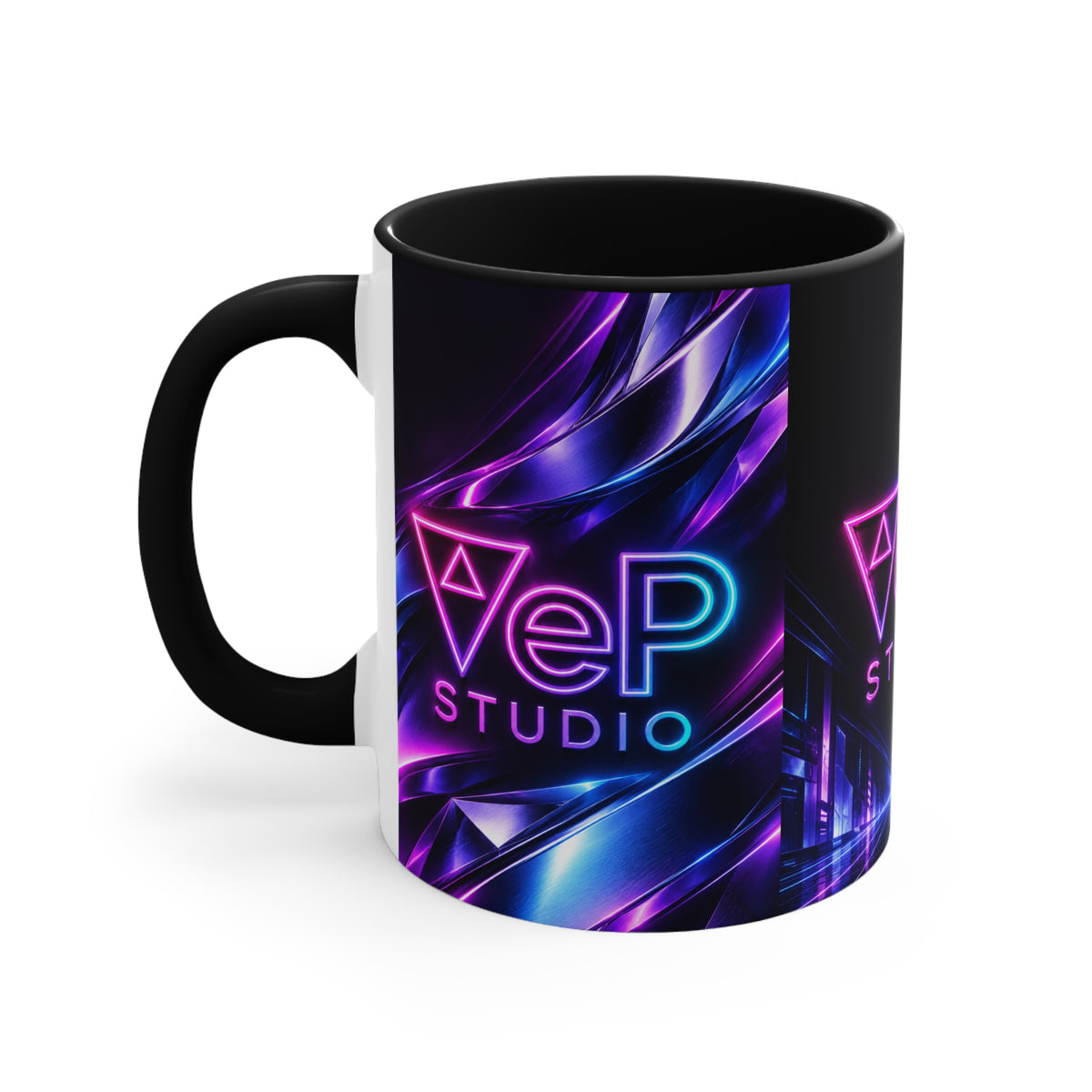 Neon Retro Studio Accent Mug — 11oz Colorful Logo Coffee Cup