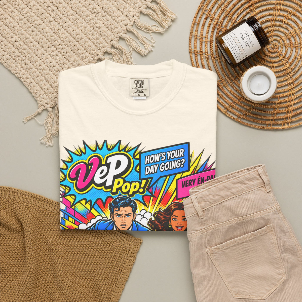 Pop Art Couple Graphic T-Shirt — 'VeP Pop! How's Your Day Going? Crash! Bang!'