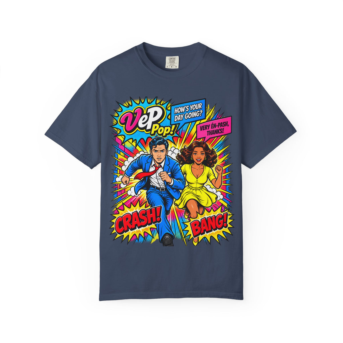 Pop Art Couple Graphic T-Shirt — 'VeP Pop! How's Your Day Going? Crash! Bang!'