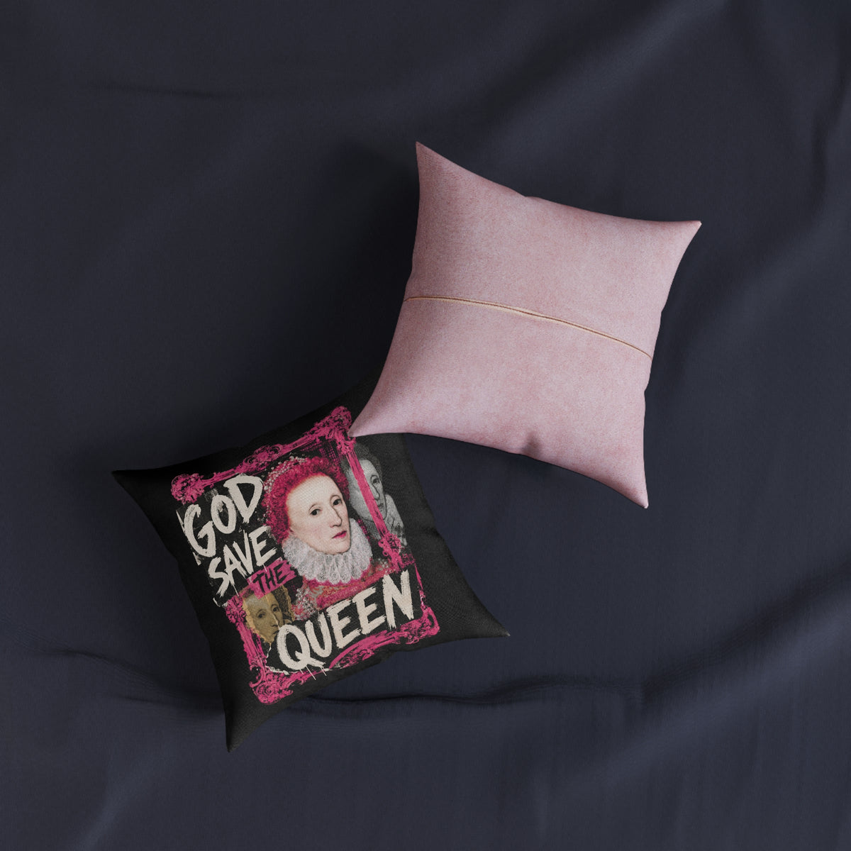 God Save The Queen Decorative Pillow — Punk Royalty Throw Pillow (Pink Back)