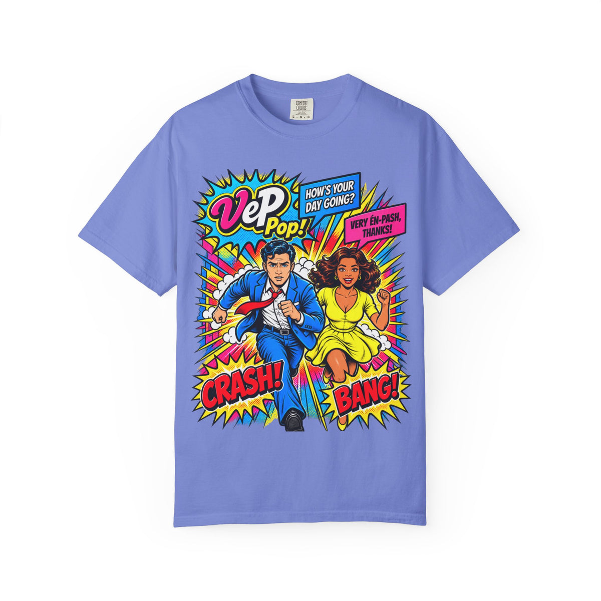 Pop Art Couple Graphic T-Shirt — 'VeP Pop! How's Your Day Going? Crash! Bang!'