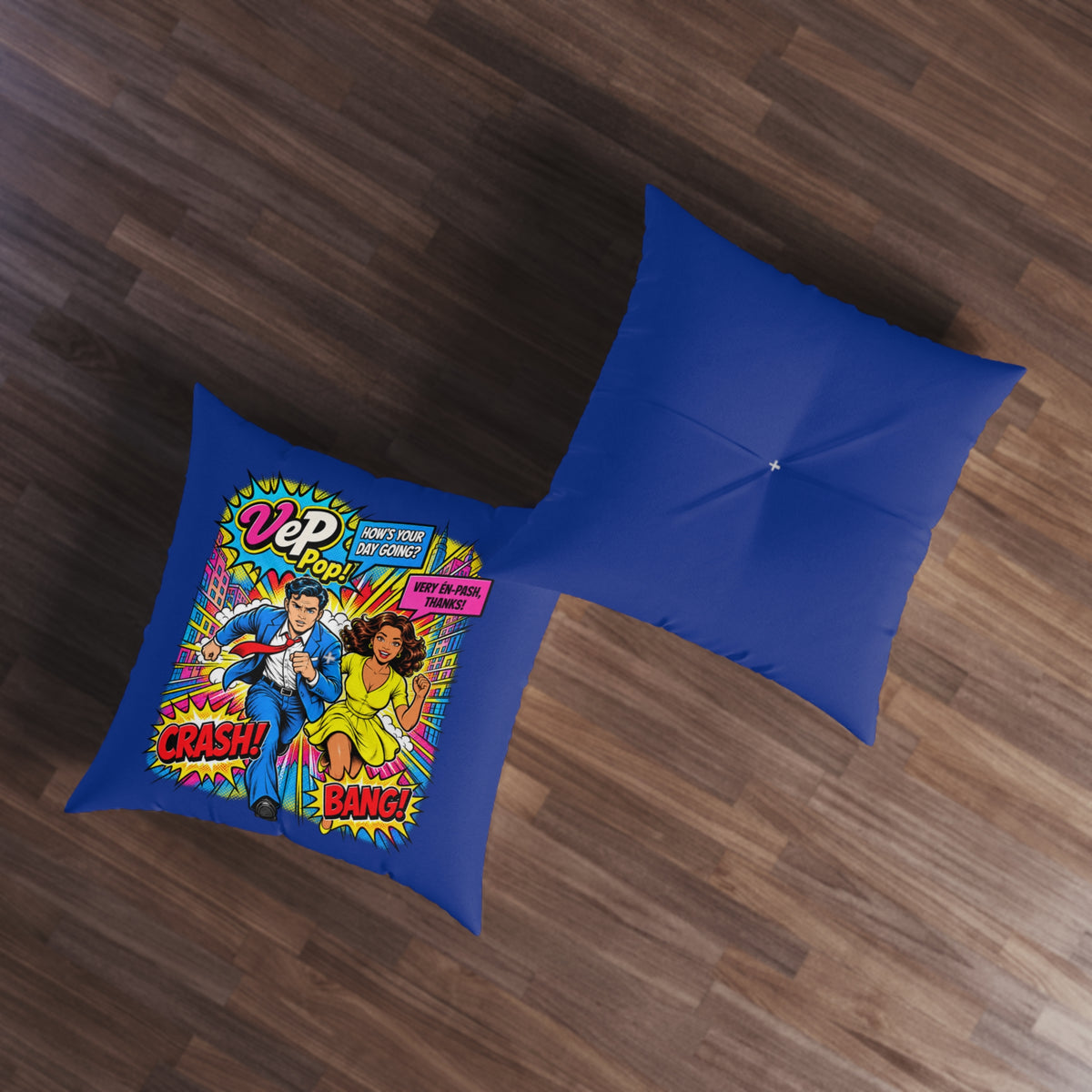 Pop Art Tufted Floor Pillow — Retro Comic 'Crash! Bang!' Design