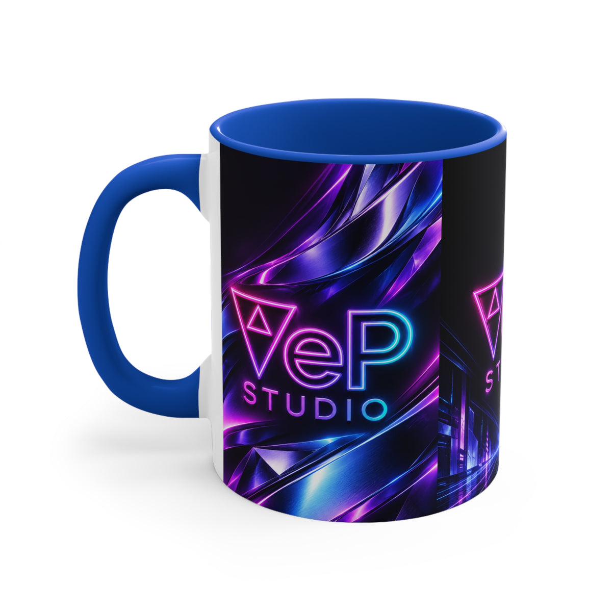 Neon Retro Studio Accent Mug — 11oz Colorful Logo Coffee Cup