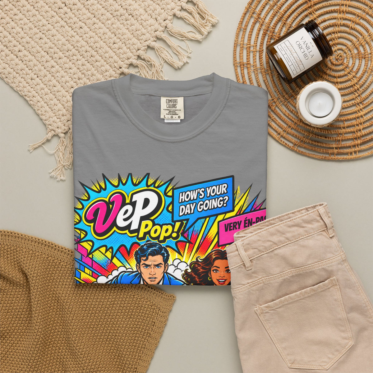 Pop Art Couple Graphic T-Shirt — 'VeP Pop! How's Your Day Going? Crash! Bang!'