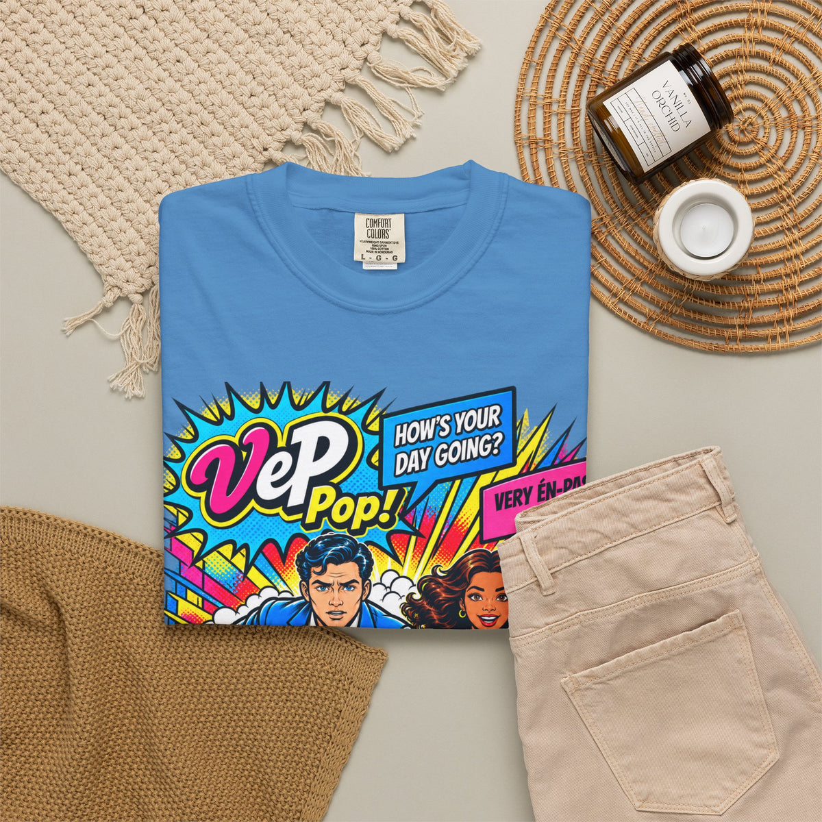 Pop Art Couple Graphic T-Shirt — 'VeP Pop! How's Your Day Going? Crash! Bang!'
