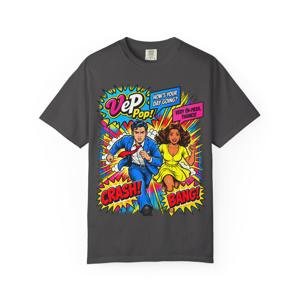 Pop Art Couple Graphic T-Shirt — 'VeP Pop! How's Your Day Going? Crash! Bang!'