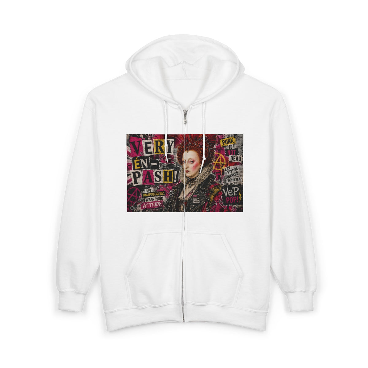 Zip Hoodie — Punk Elizabethan Collage Graphic "Very En Pash"