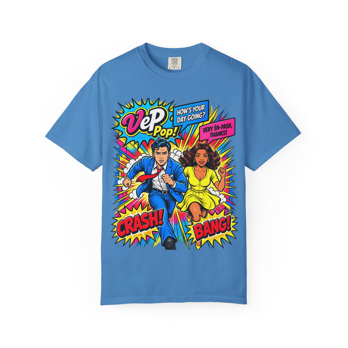 Pop Art Couple Graphic T-Shirt — 'VeP Pop! How's Your Day Going? Crash! Bang!'