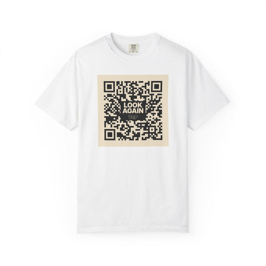 QR Code Graphic T-Shirt — "LOOK AGAIN" Square Design