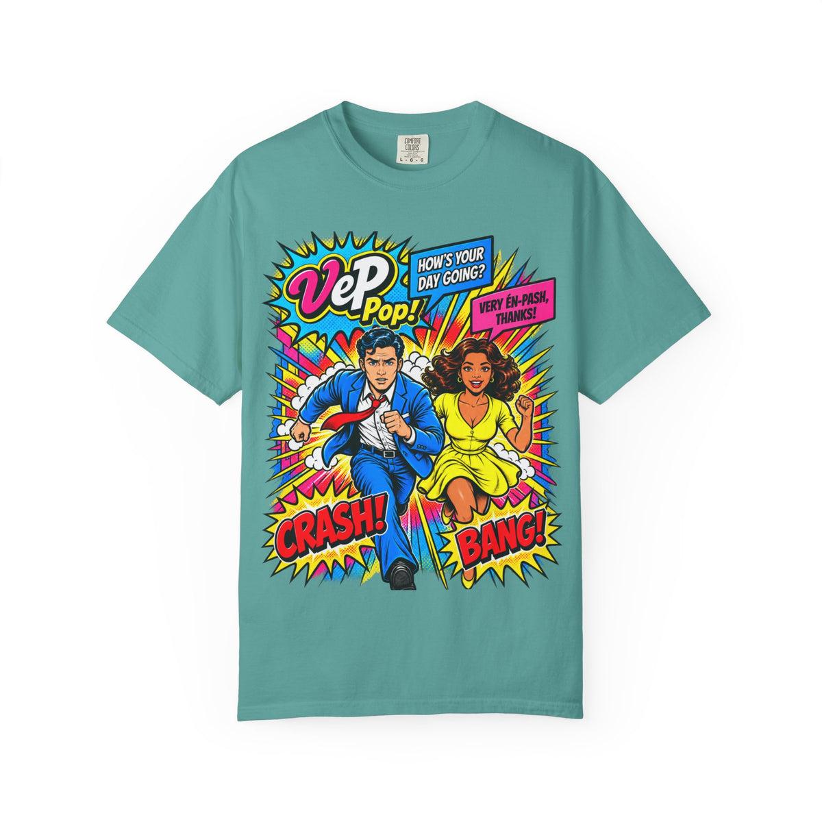 Pop Art Couple Graphic T-Shirt — 'VeP Pop! How's Your Day Going? Crash! Bang!'