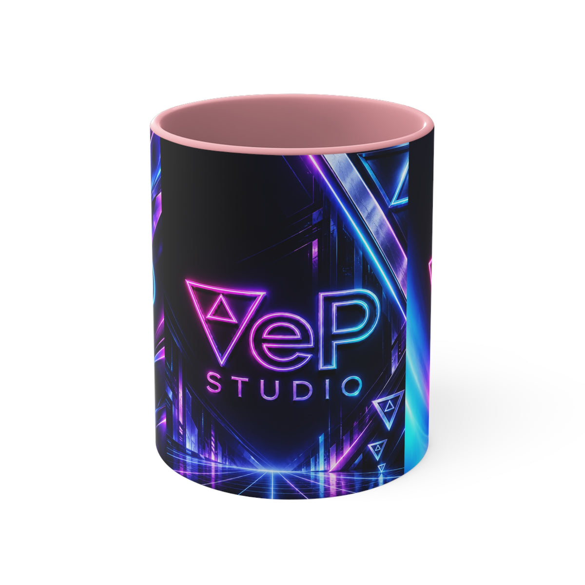 Neon Retro Studio Accent Mug — 11oz Colorful Logo Coffee Cup