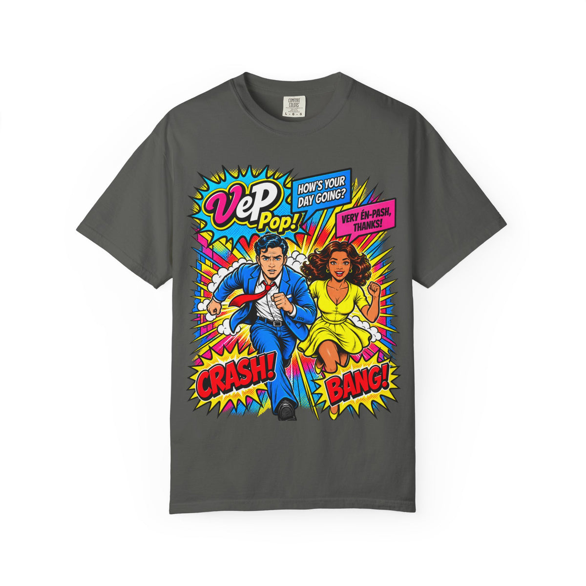 Pop Art Couple Graphic T-Shirt — 'VeP Pop! How's Your Day Going? Crash! Bang!'