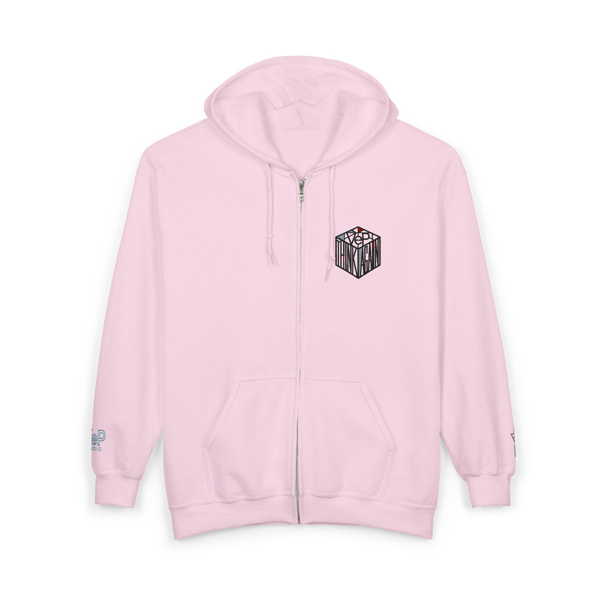 Zip Hoodie with Black Cube Graphic – Minimal Geometric Streetwear