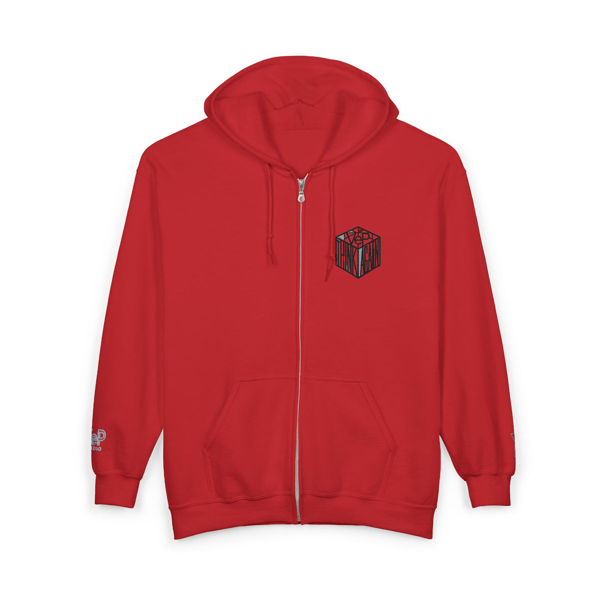 Zip Hoodie with Black Cube Graphic – Minimal Geometric Streetwear