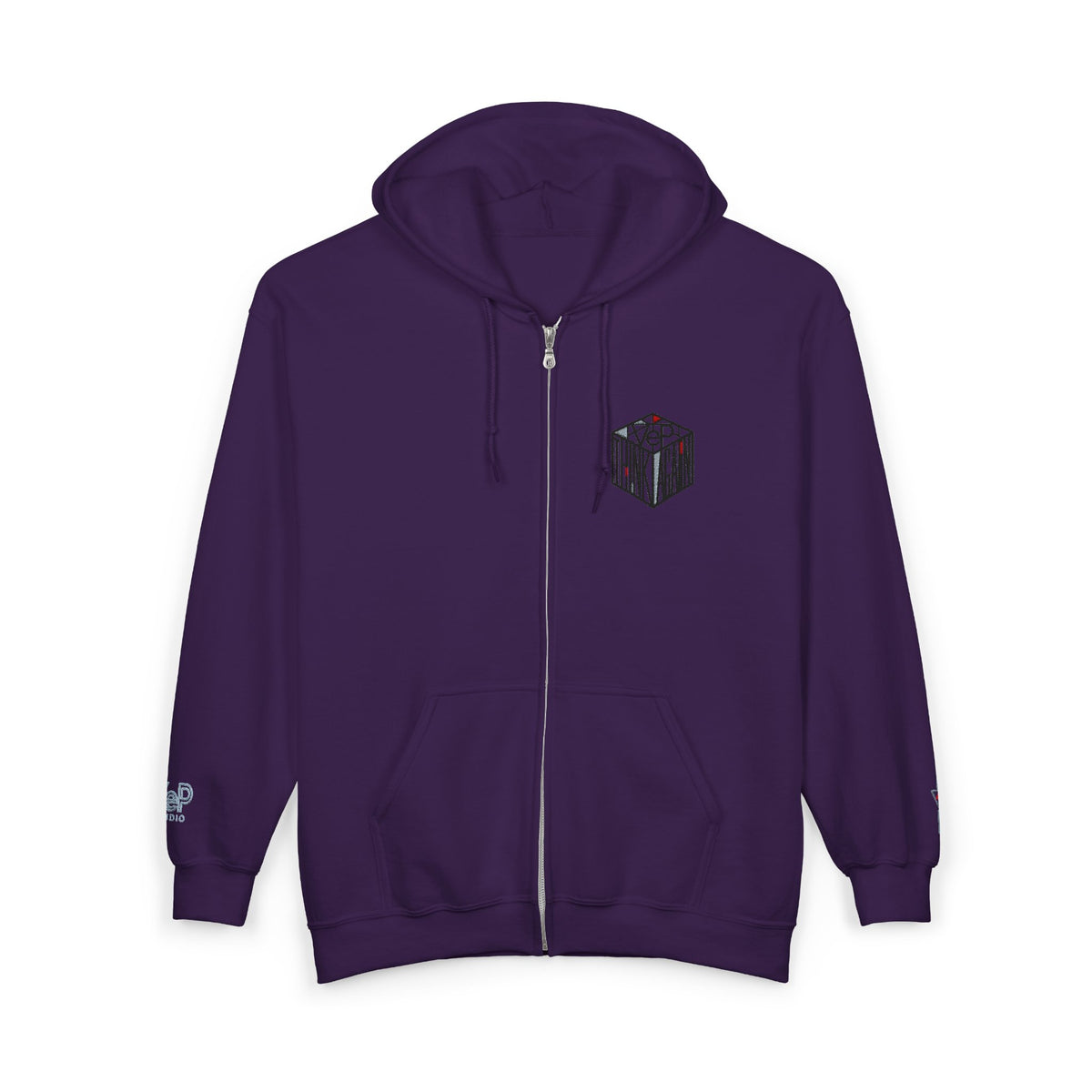 Zip Hoodie with Black Cube Graphic – Minimal Geometric Streetwear