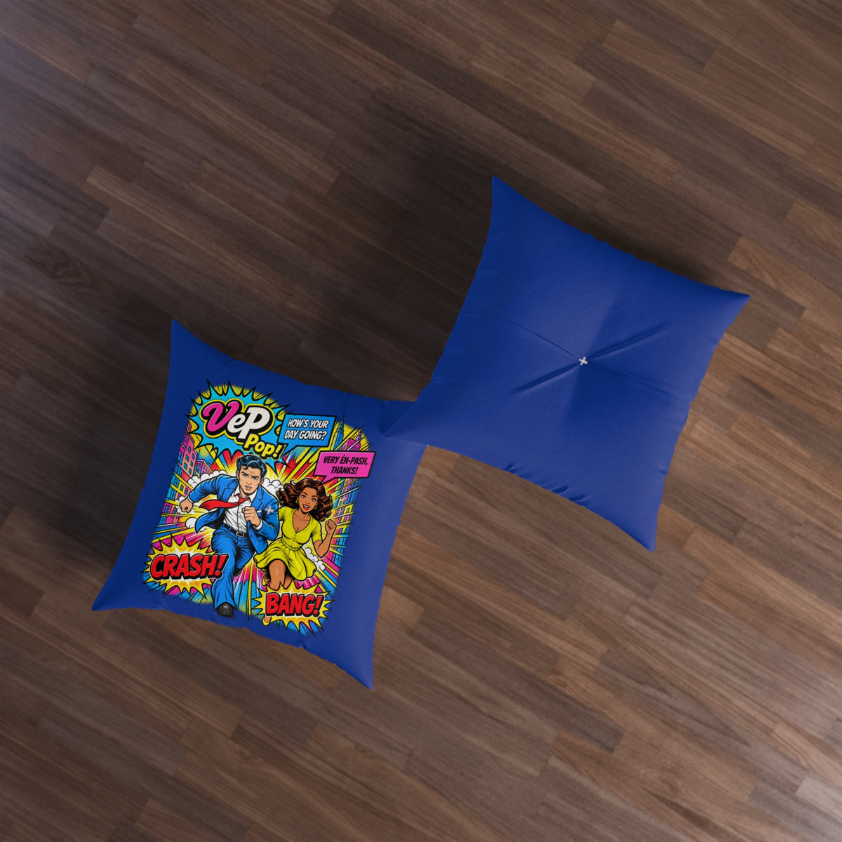 Pop Art Tufted Floor Pillow — Retro Comic 'Crash! Bang!' Design