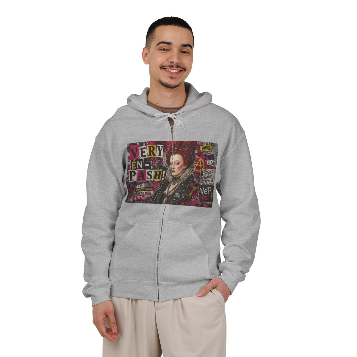 Zip Hoodie — Punk Elizabethan Collage Graphic "Very En Pash"