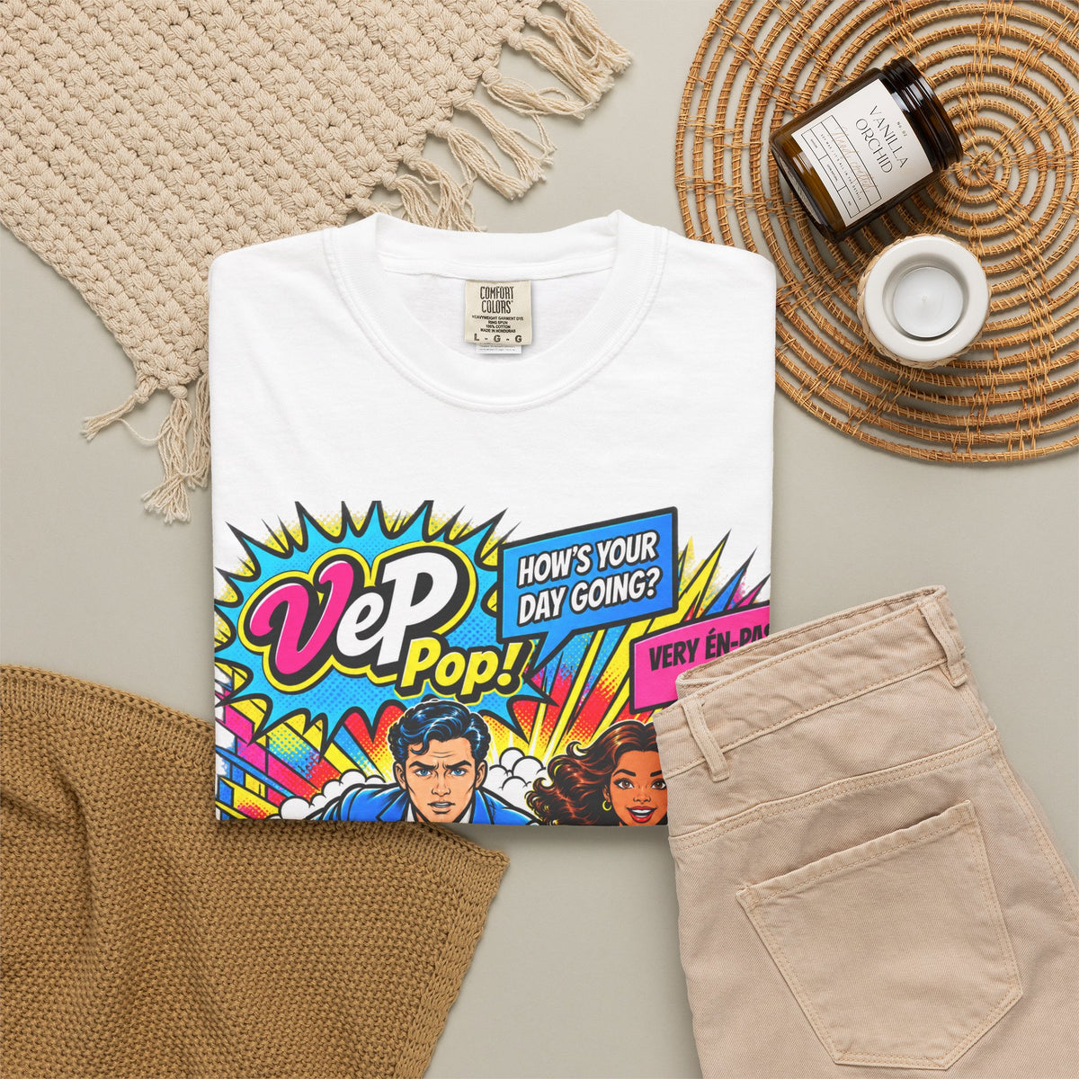 Pop Art Couple Graphic T-Shirt — 'VeP Pop! How's Your Day Going? Crash! Bang!'
