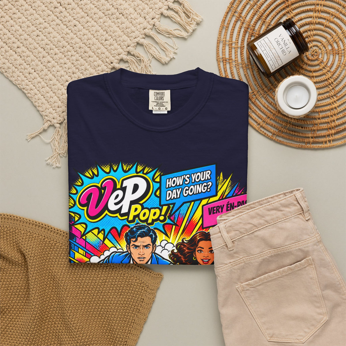 Pop Art Couple Graphic T-Shirt — 'VeP Pop! How's Your Day Going? Crash! Bang!'
