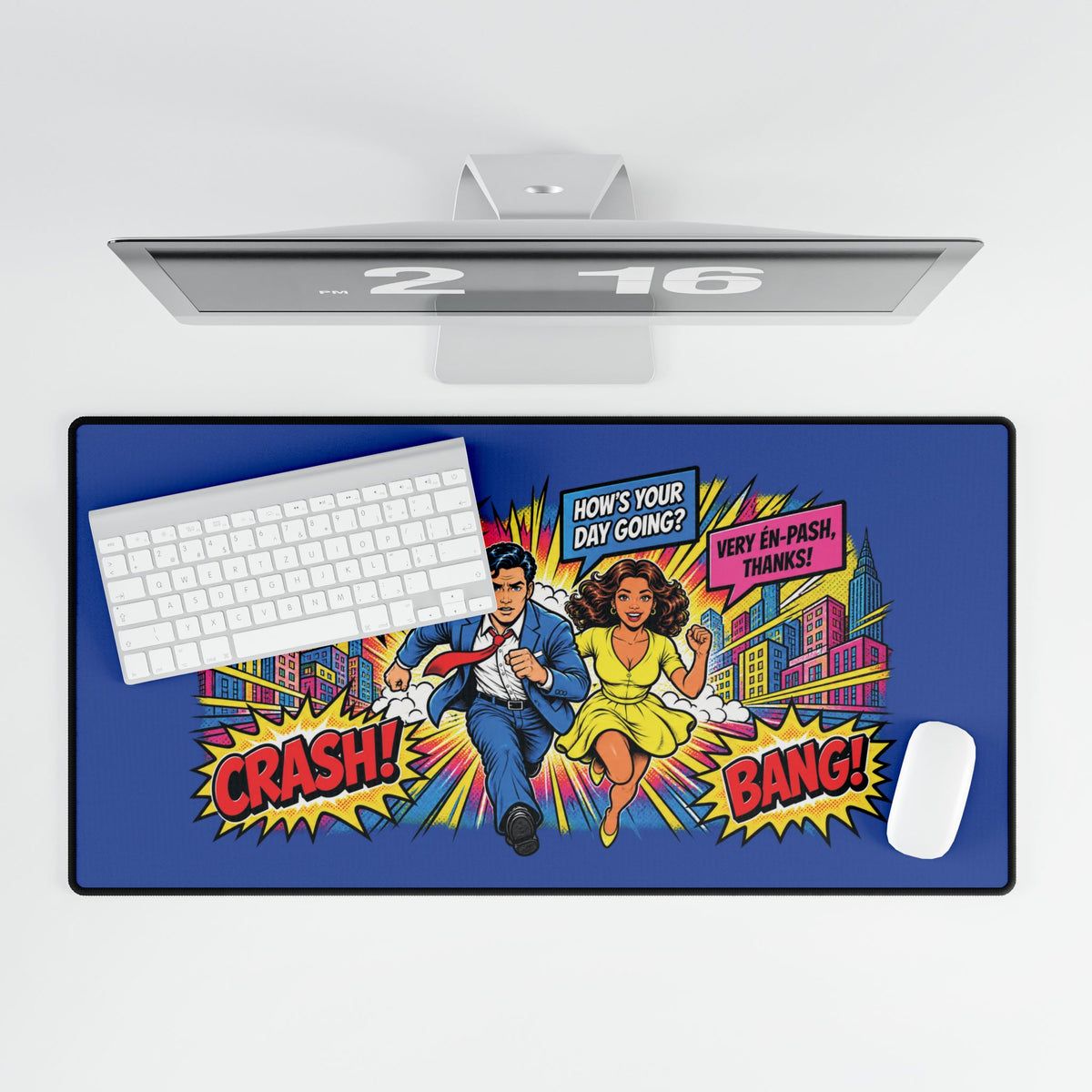 Retro Comic Pop Art Desk Mat — "How's Your Day Going?" Gaming & Office Mouse Pad