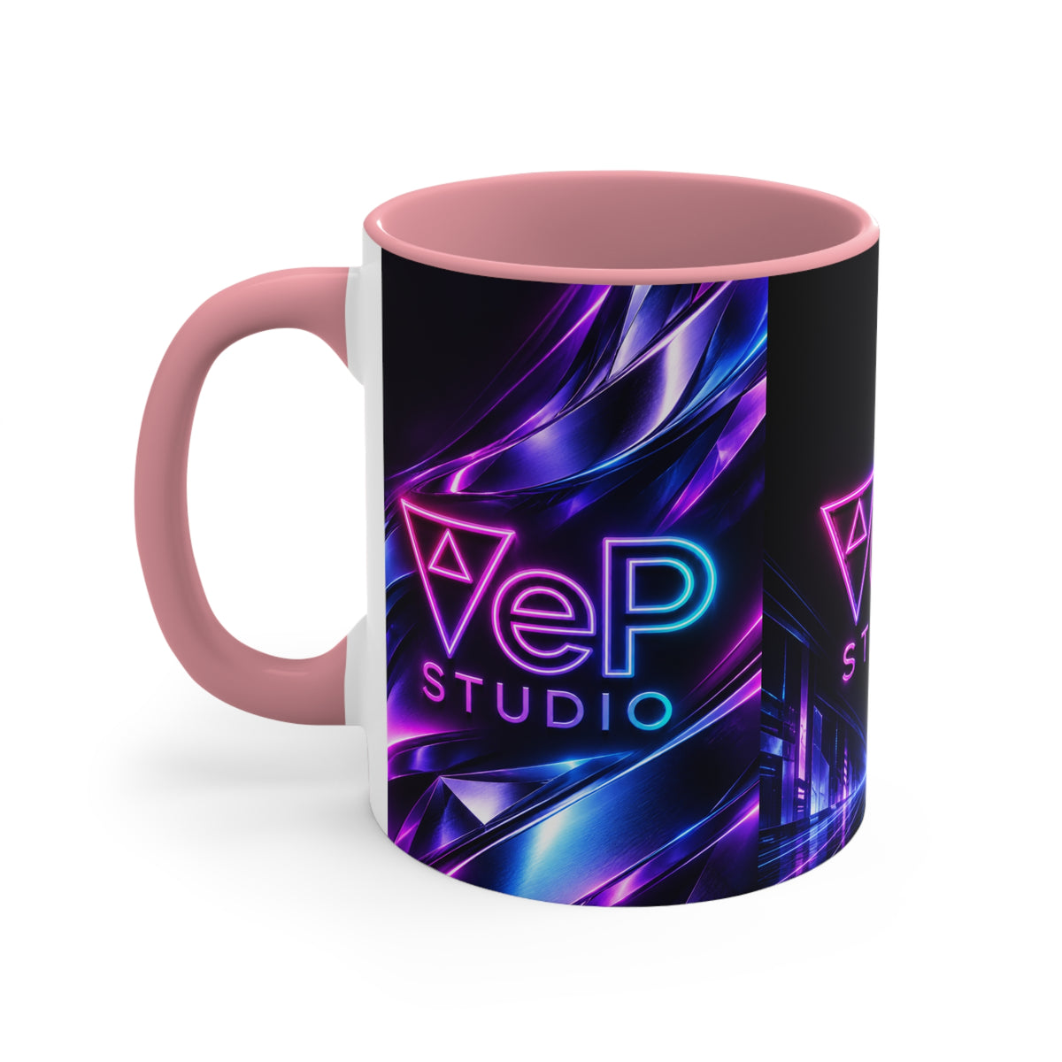 Neon Retro Studio Accent Mug — 11oz Colorful Logo Coffee Cup