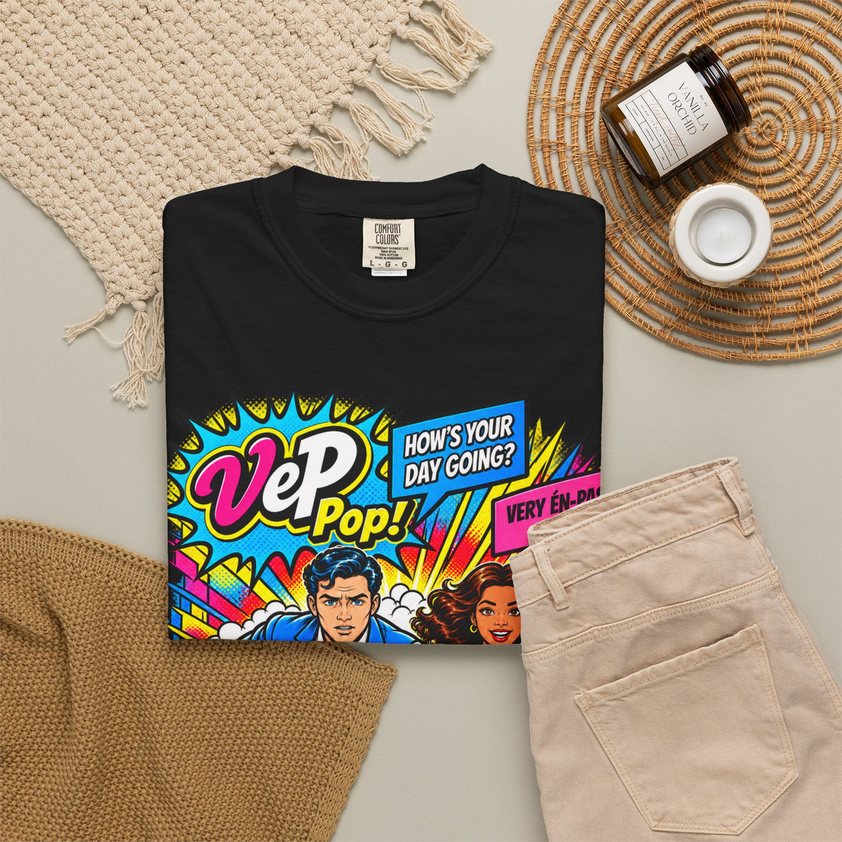 Pop Art Couple Graphic T-Shirt — 'VeP Pop! How's Your Day Going? Crash! Bang!'