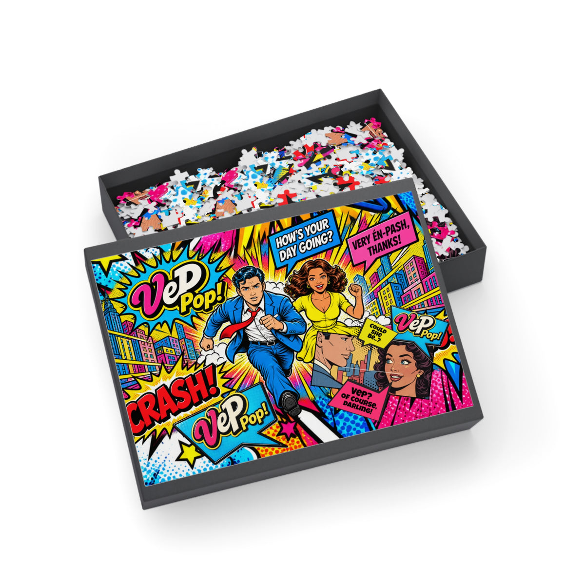 Pop Art Comic Puzzle — Colorful Retro 500/1000-Piece Jigsaw with Speech Bubbles (Crash!, Vep Pop!)