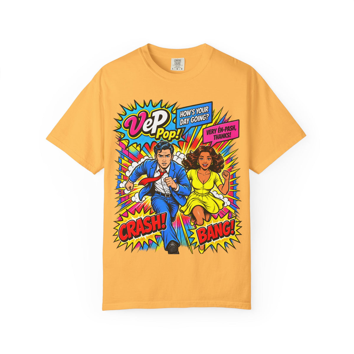 Pop Art Couple Graphic T-Shirt — 'VeP Pop! How's Your Day Going? Crash! Bang!'