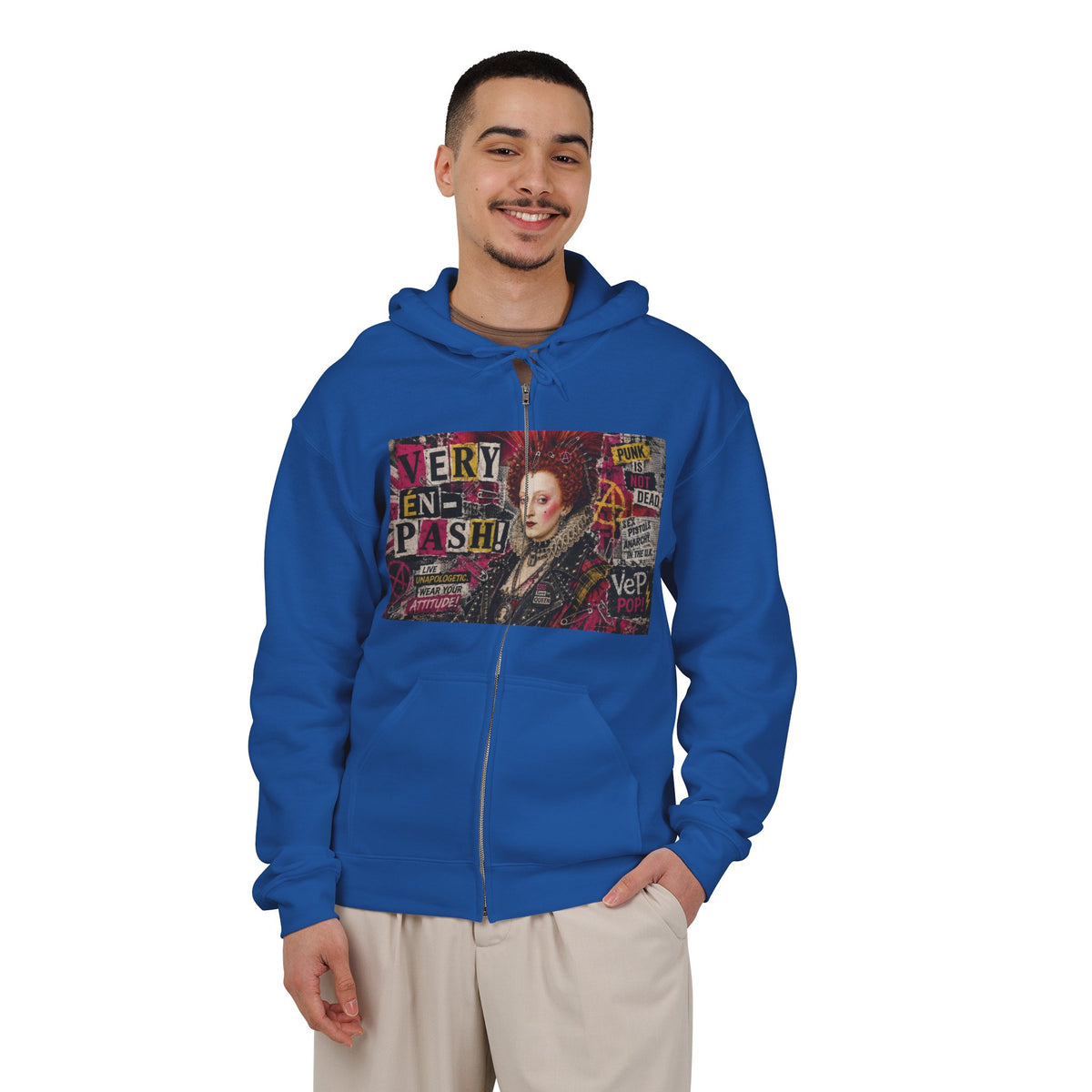 Zip Hoodie — Punk Elizabethan Collage Graphic "Very En Pash"