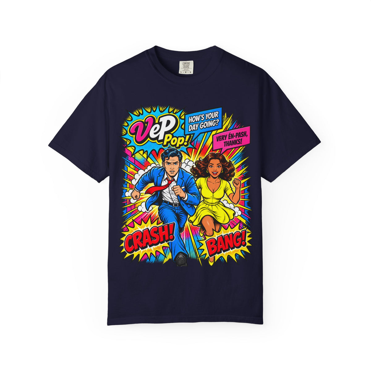 Pop Art Couple Graphic T-Shirt — 'VeP Pop! How's Your Day Going? Crash! Bang!'