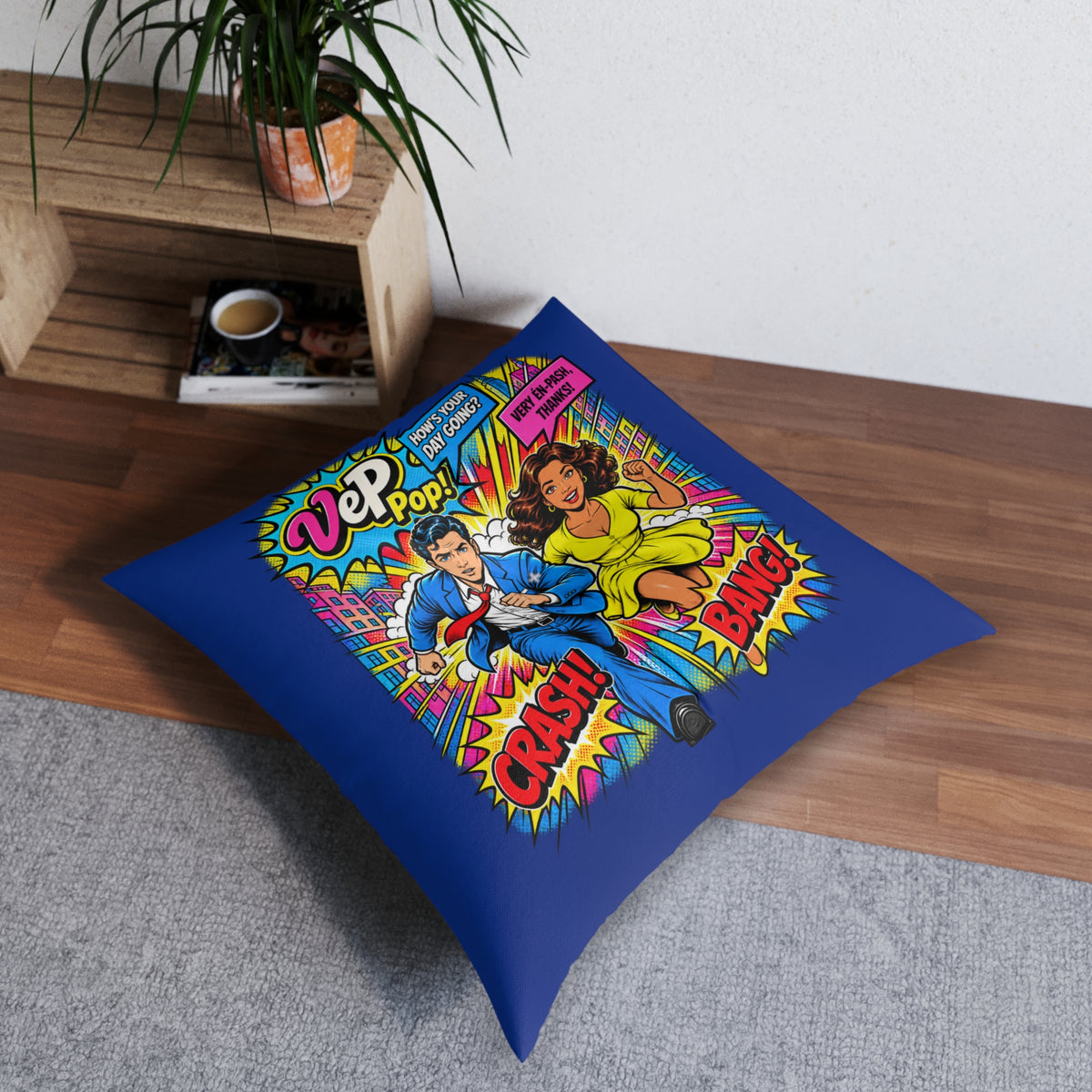 Pop Art Tufted Floor Pillow — Retro Comic 'Crash! Bang!' Design