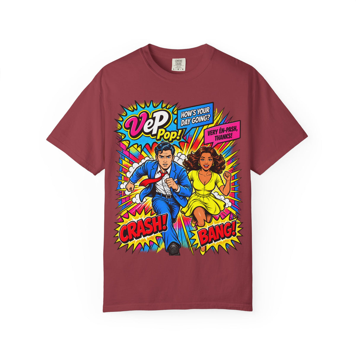Pop Art Couple Graphic T-Shirt — 'VeP Pop! How's Your Day Going? Crash! Bang!'