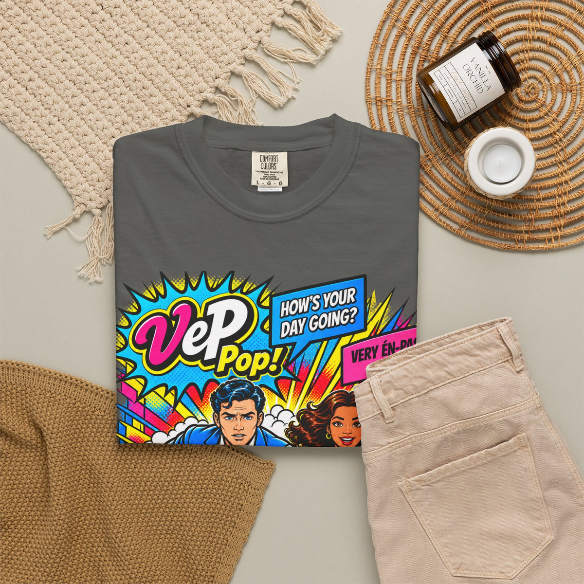 Pop Art Couple Graphic T-Shirt — 'VeP Pop! How's Your Day Going? Crash! Bang!'