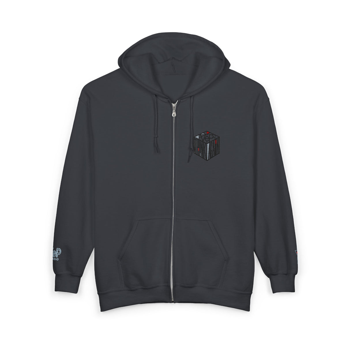 Zip Hoodie with Black Cube Graphic – Minimal Geometric Streetwear