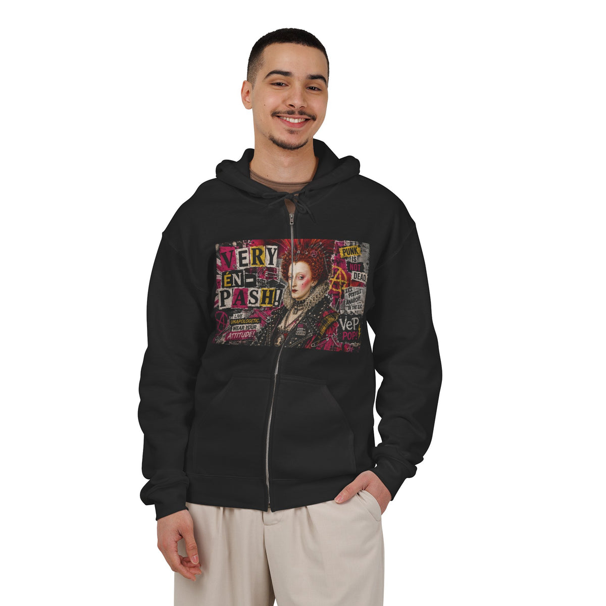 Zip Hoodie — Punk Elizabethan Collage Graphic "Very En Pash"