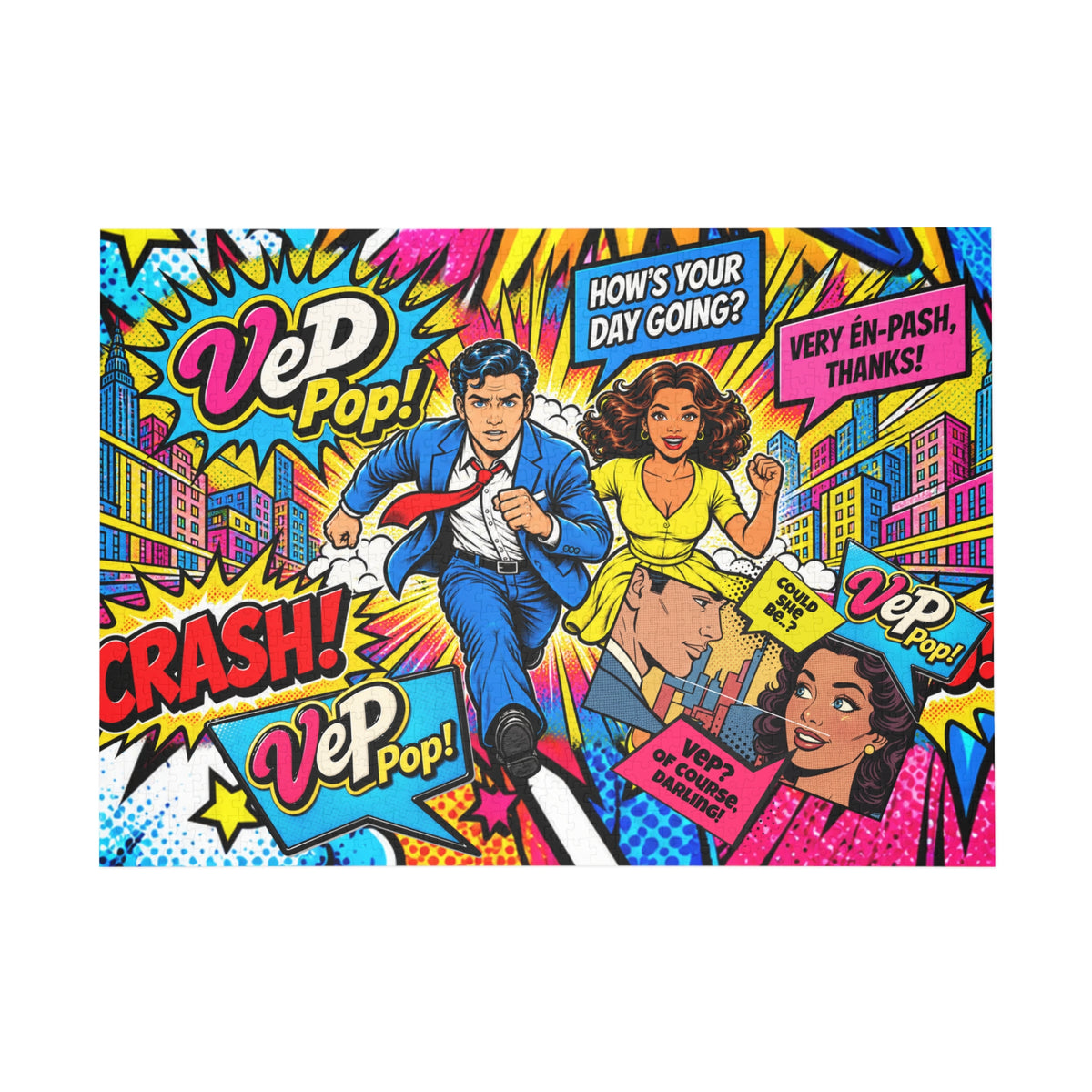 Pop Art Comic Puzzle — Colorful Retro 500/1000-Piece Jigsaw with Speech Bubbles (Crash!, Vep Pop!)