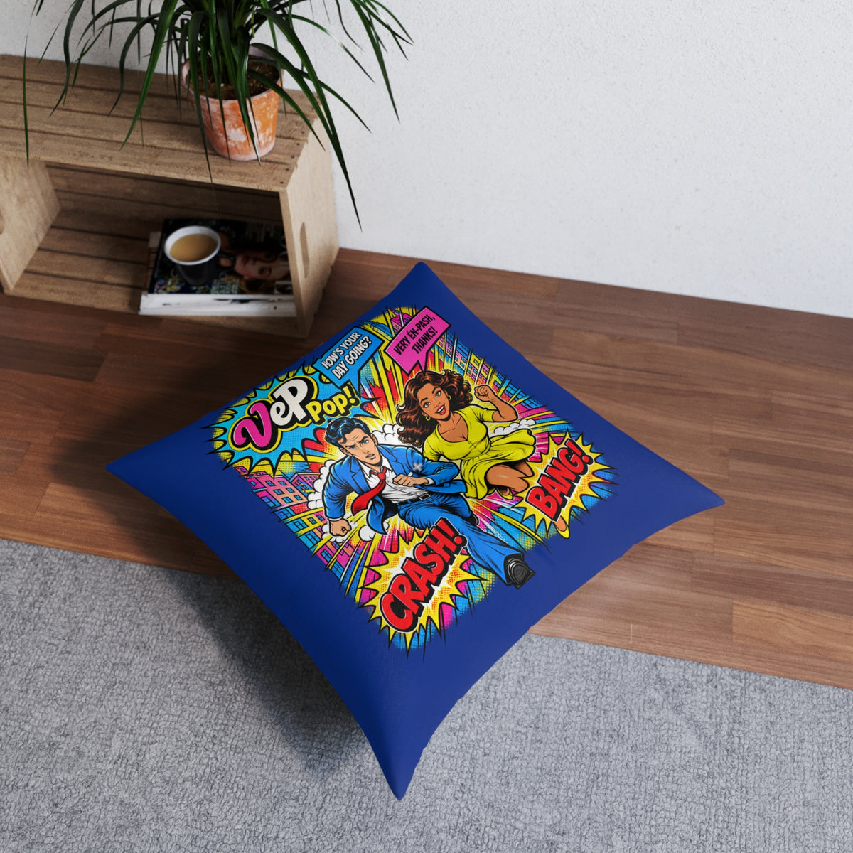 Pop Art Tufted Floor Pillow — Retro Comic 'Crash! Bang!' Design